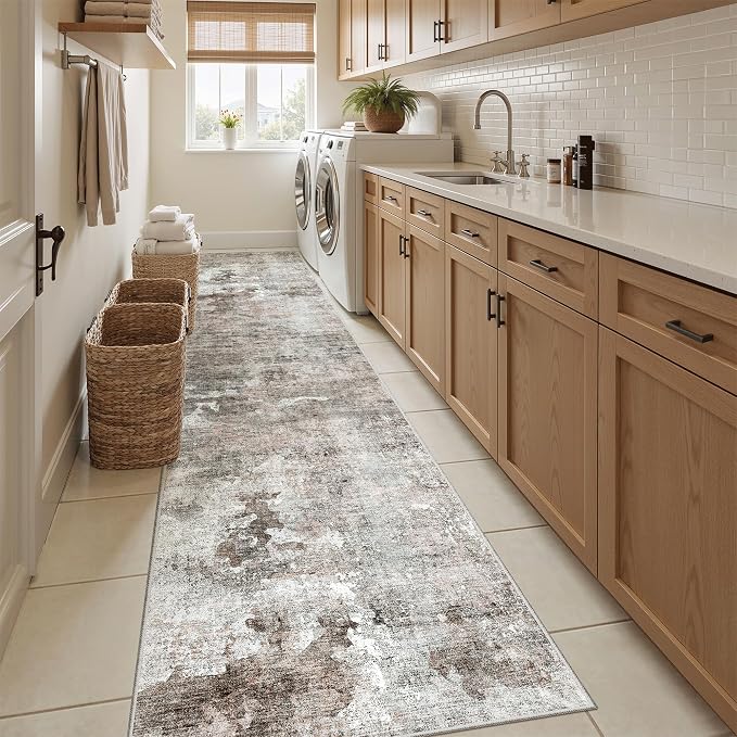 Soalmost Abstract Runner Rug 2x10 Hallway Kitchen Runners Pink/Grey | Vintage - Image 4