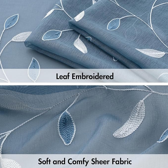 MIULEE Stone Blue Sheer Curtains 2 Panels Leaf Patterned, W52 x L84 | - Image 4
