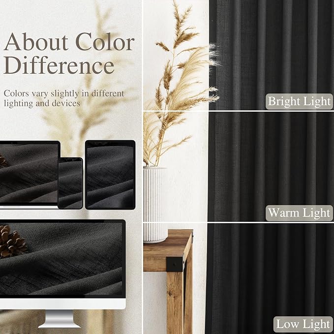 Black Short Linen Textured Curtains 40 Inches Long 2 Panels Set - Image 4