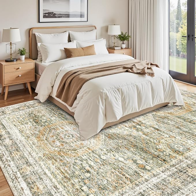 Soalmost Washable Area Rug 8x10 Large Soft Living Room Rugs Green/Orange | - Image 3