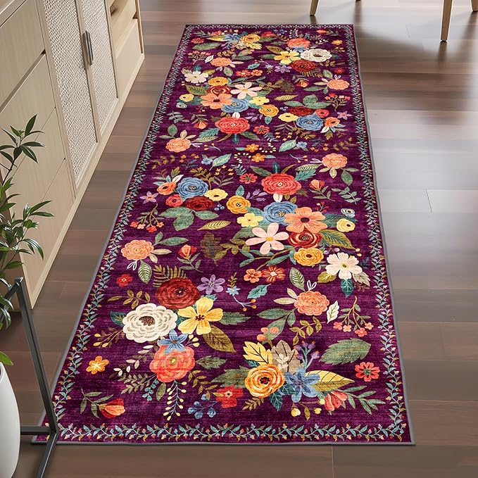 Purple Hallway Runner Rug 2x6 for Kitchen Bathroom | Rubber Backing; Non Slip; by WelcometoBabovid
