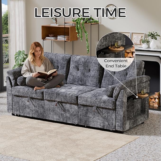 Convertible Sleeper Sofa Bed, 63 Inch Chenille Pull Out Couch - Image 5