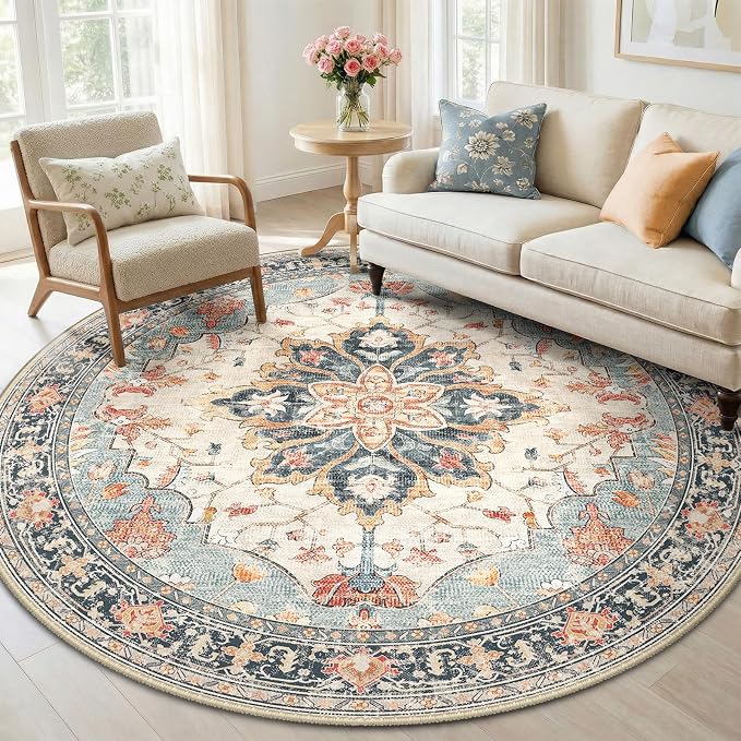 RELEANY Washable Area Rug, Round 6ft, Water Repellent, Pet Friendly, Vintage by RELEANY