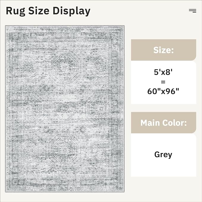 Soalmost 5x8 Area Rugs Grey Low Pile Washable Trendy Faded Style Rug | Vintage - Image 5