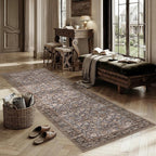 2'6''x18' Brown Blue Vintage Floral Washable Runner Rug - Image 2