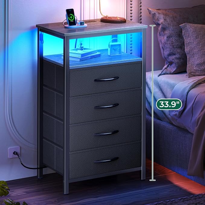Huuger Night Stand with Charger Station and LED Lights, 4 Drawer Nightstand - Image 4