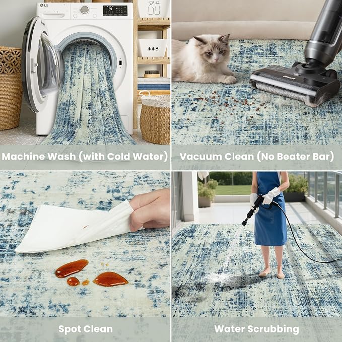 6x9 Washable Area Rug for Living Room Bedroom: Non-Slip Modern Blue Gray | - Image 5