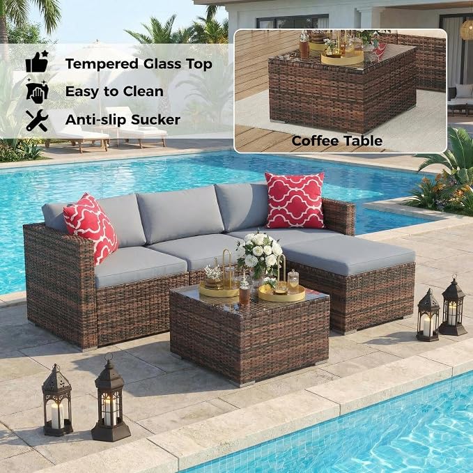 5-Piece Patio Sectional Sofa Set, All-Weather Brown PE Rattan Outdoor - Image 4