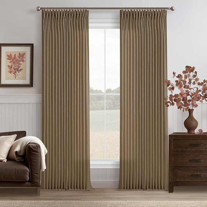 Brown Pinch Pleated Semi Sheer Thick Linen Curtains 105 Inch Long | Light by Twodrapes