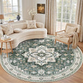 Round Area Rug for Living Room: 8ft Boho Washable Rug Green Ivory | Vintage by EXPEDIX