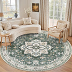 Round Area Rug for Living Room: 4ft Boho Washable Rug Green Ivory | Vintage by EXPEDIX