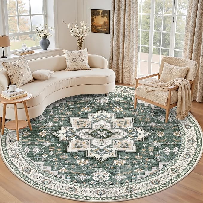 Round Area Rug for Living Room: 4ft Boho Washable Rug Green Ivory | Vintage by EXPEDIX