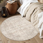 Schweek 4ft Round Rug Neutral Beige Washable Non-Slip Circle Rug Area Rugs | - Image 2