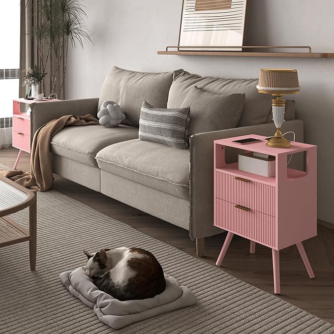 JOONEE Pink Nightstand with Charging Station and LED Lights, Modern Bedside - Image 3
