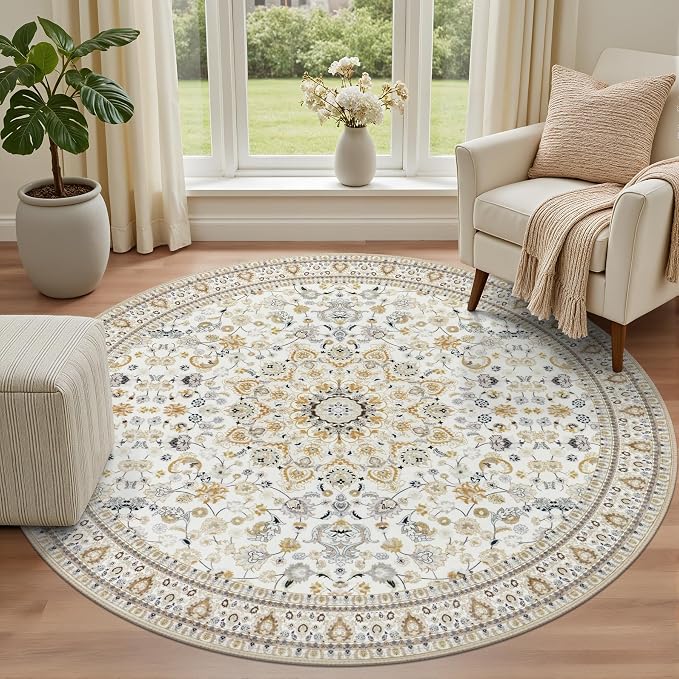 Round Area Rug for Living Room: 8ft Washable Rug for Bedroom Beige | Vintage - Image 2