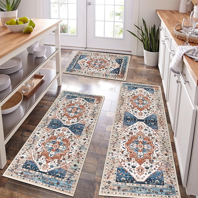 HEBE Boho Kitchen Rugs Set of 3, Non Slip Washable Kitchen Mats by HEBE