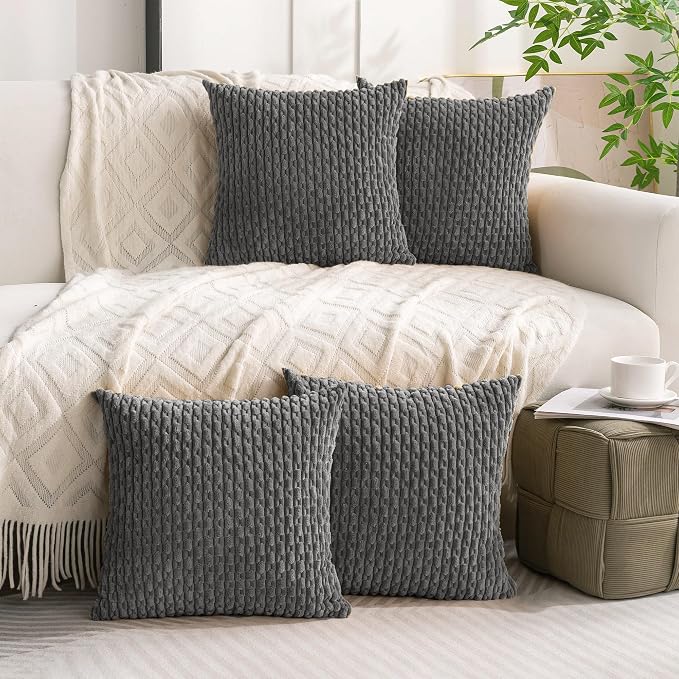 Set of 4 Dark Grey Decorative Throw Pillow Covers 22x22 Inch Corduroy Pillow - Image 2