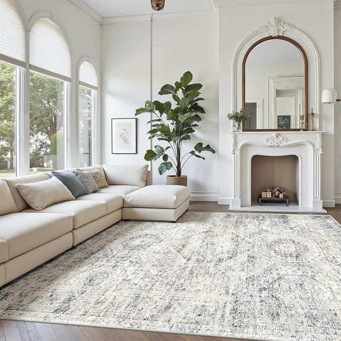 Soalmost Washable Area Rug 8x12 Large Soft Living Room Rugs Blue/Ivory | - Image 2