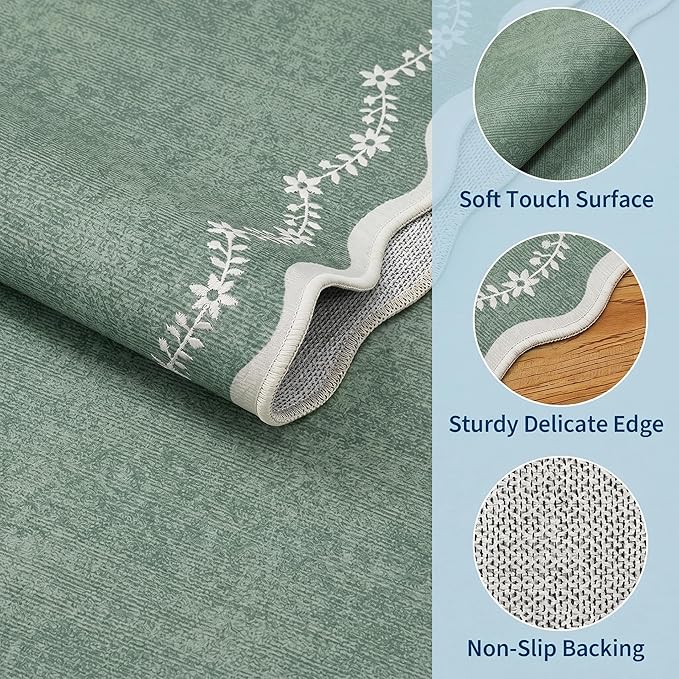 GarveeHome Scalloped Entryway Rug 2x3 Sage Green Washable Front Door Rug | - Image 4