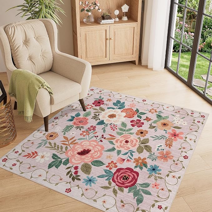 DUKINO 4x4 Square Area Rug, Soft Floral Washable Rug - Image 3