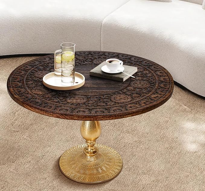 Coffee Table 24x24x18 Inch-Hand-Carved Solid Wood Center Table, Vintage Burnt - Image 5