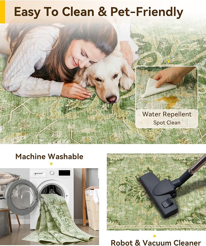 RELEANY Washable Area Rug, Water Repellent, Pet Friendly, Vintage Floral Boho - Image 4