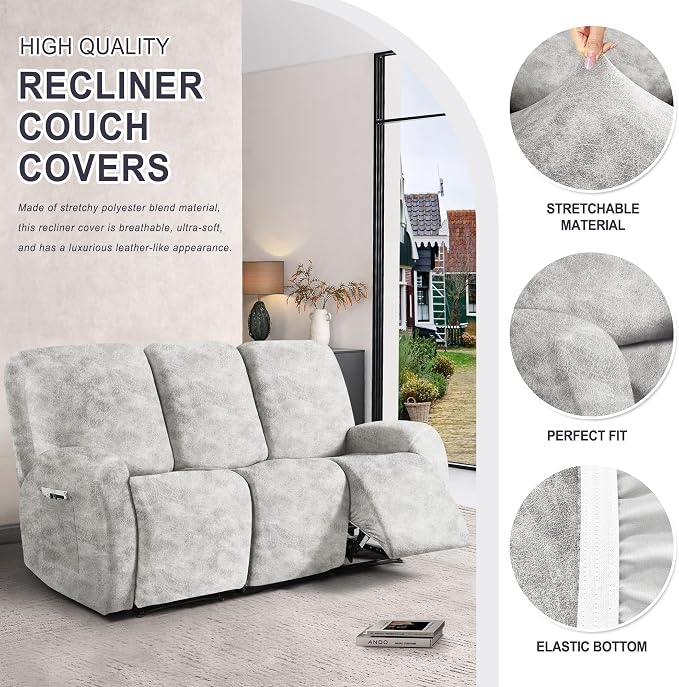 ANARACHON Leather Look Recliner Couch Cover, 8-Pieces Stretch Recliner Sofa - Image 3