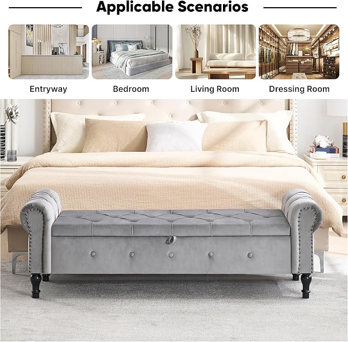 Storage Bench for Bedroom, Velvet 67" End of Bed Bench, King Size Benches - Image 7