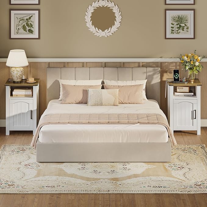 Farmhouse Nightstand with Charging Station, Rustic Bedside Table with Large - Image 2