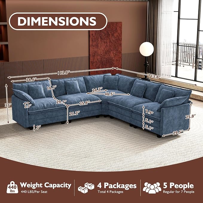Ihanherry 114" V-Shaped Modern Sofa Modular Sectional Cloud Couch - Image 2