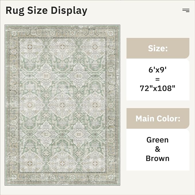 Soalmost 6x9 Area Rug for Living Room Washable Rugs Non-Slip Green/Brown | - Image 5