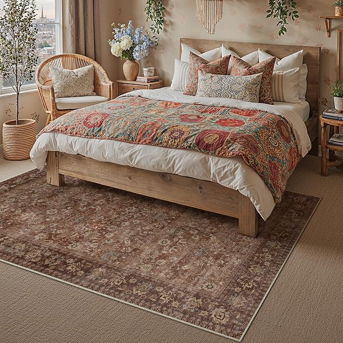 4x6 Brick Red Vintage Floral Washable Area Rug - Image 3