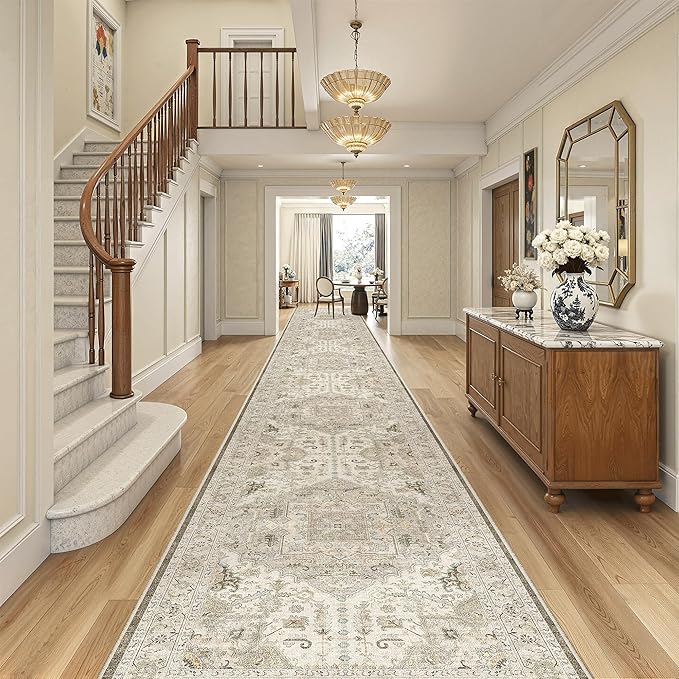 Madane Hallway Runner Rug 3x18 Washable Kitchen Runners 18ft, Ivory/Brown | - Image 3