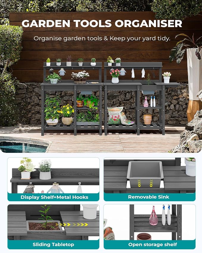 SERWALL Outdoor Potting Bench 2-Piece Set, Rot-Resistant HDPE Potting Table - Image 5