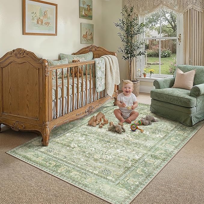 5x7 Light Green Vintage Floral Washable Area Rug - Image 2