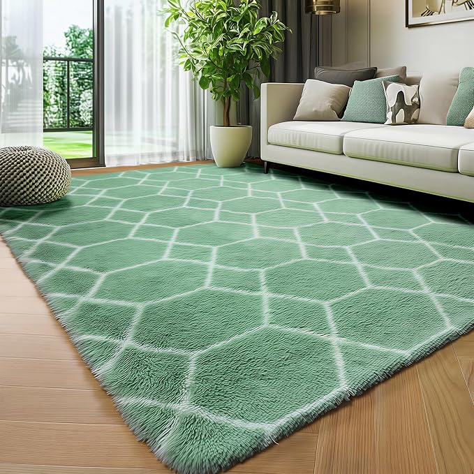 Area Rugs for Bedroom Living Room, 4x6 Fluffy Sage Green and White Rug | Modern - Image 5