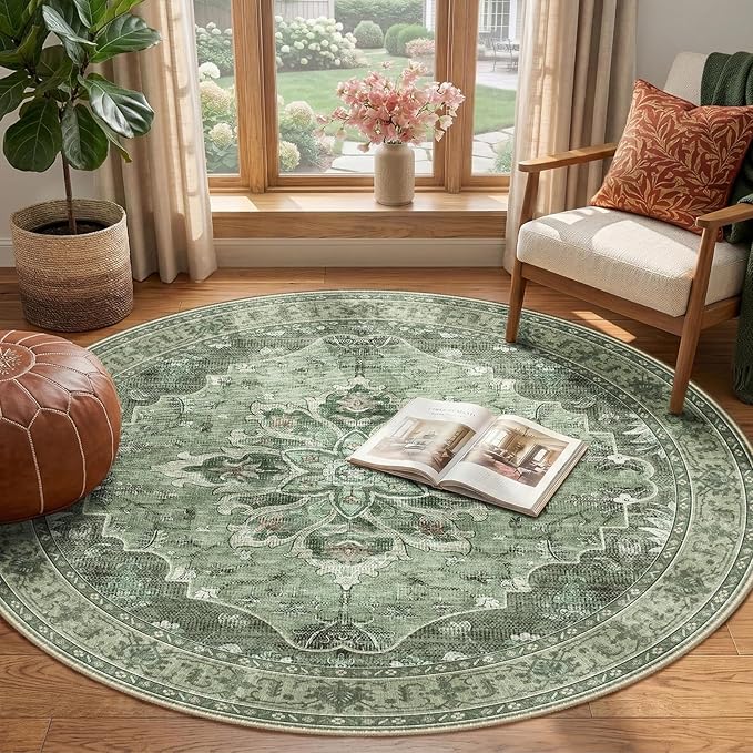 RELEANY Washable Area Rug, Round 4ft, Water Repellent, Pet Friendly, Vintage - Image 2