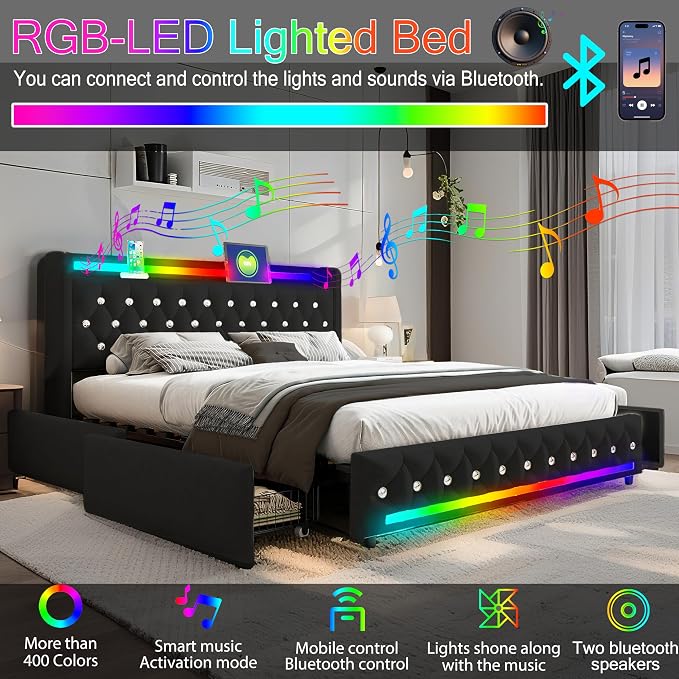 Music Player Full Bed with Bluetooth Speakers, USB&Type C Charging Ports - Image 3