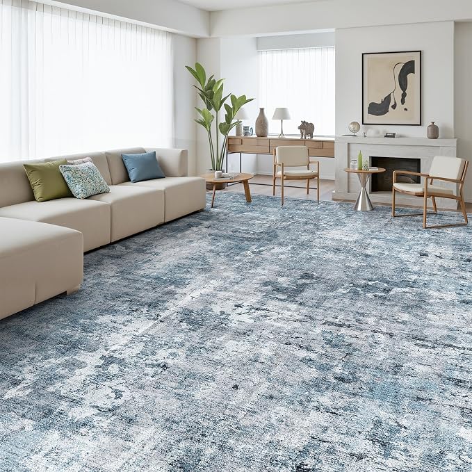 Soalmost 12x15 Washable Area Rugs Soft Living Room Rug Abstract Blue/Grey | - Image 3