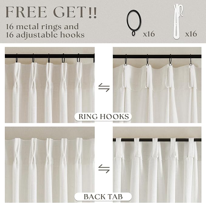 Natural Pinch Pleated Linen Curtains 112 Inches Long 2 Panels Set | Memory - Image 5