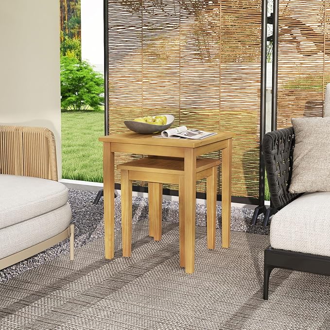 Tangkula 2 Pieces Patio Nesting Table, Teak Wood Outdoor Space Saving Design - Image 5