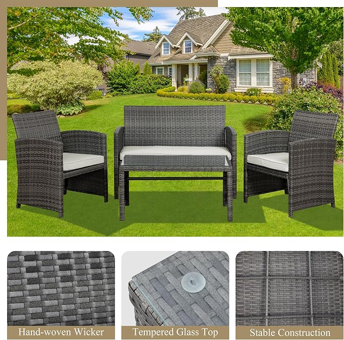 JAMFLY 4 Piece Outdoor Patio Furniture Set, Outdoor Wicker Rattan Chairs - Image 4
