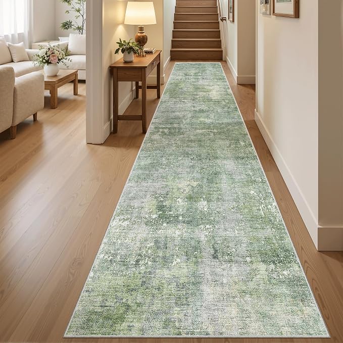 Soalmost Abstract Runner Rug 2x10 Hallway Kitchen Runners Green/Ivory | Vintage - Image 2