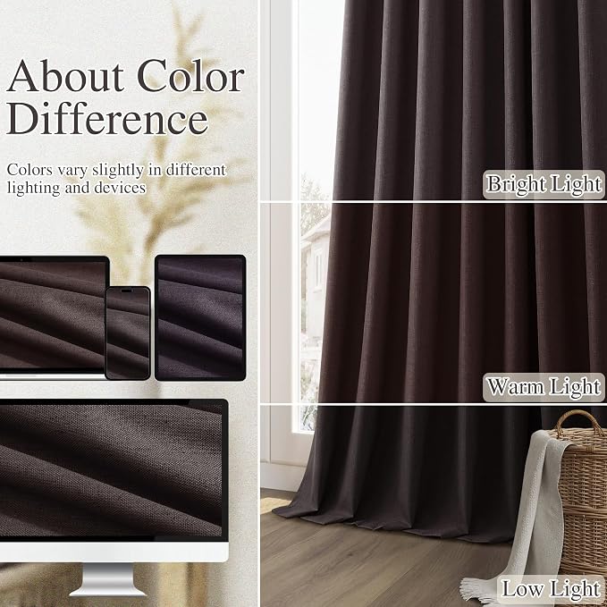Cocoa Coffee 100% Blackout Linen Curtains 96 Inch Length 2 Panels Set - Image 7