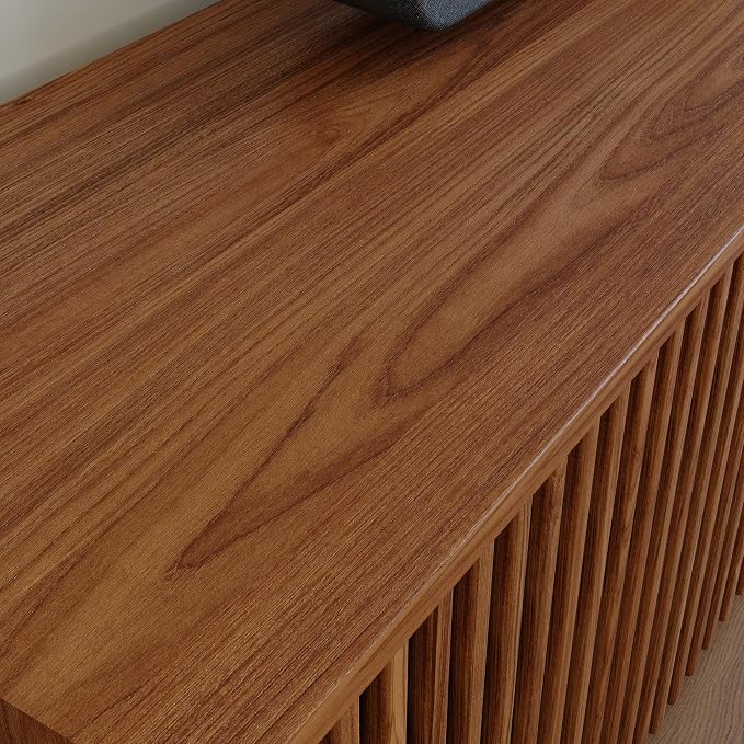 POVISON Full Assembled Mid Century Modern TV Stand, Wood Slatted Media Console - Image 8