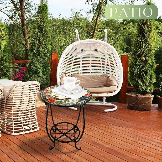 Cinnvoice Outdoor Side Table Round Small Mosaic Patio Accent Indoor End Plant - Image 4