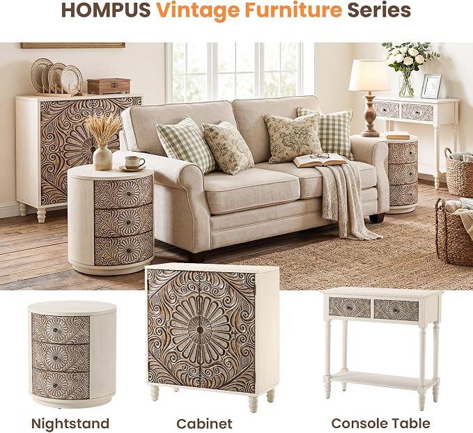 HOMPUS Round End Table Set 2, Fully Assembled Nightstand w 3 Storage Drawers - Image 6