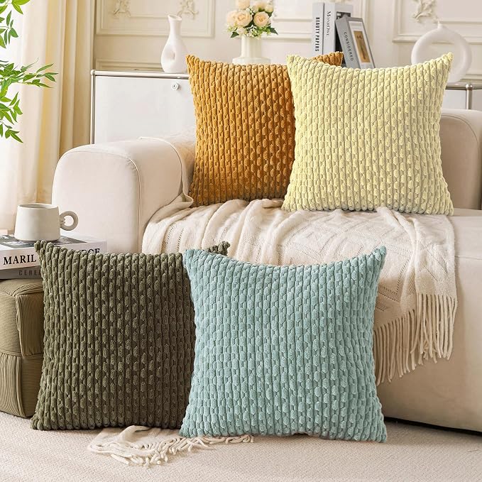 Set of 4 Pale Yellow Decorative Throw Pillow Covers 22x22 Inch Corduroy Pillow - Image 3