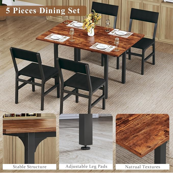 HUAHUU Dining Table Set for 4, Extendable Kitchen Table Cushion Chairs Set of 4 - Image 7