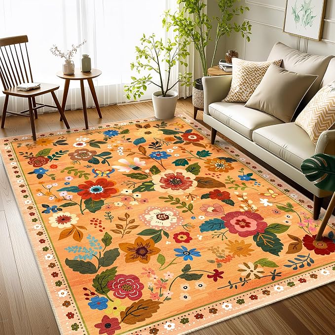 RELEANY Floral Washable 4x6 Area Rugs Yellow/Orange/Red | Flower Carpet Print - Image 5